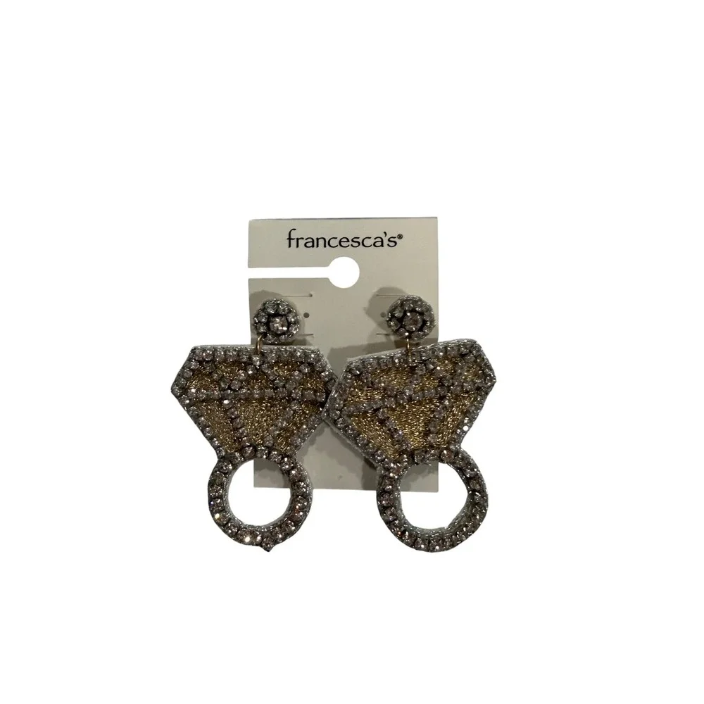Francescas Diamond Ring Shaped Beaded Statement Earrings Dangle Drop Silver Gold